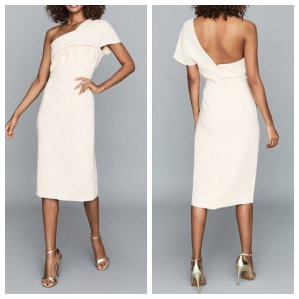 New! REISS Pale Pink Riana One-Shoulder Pencil Midi Dress Size 4 - 41292